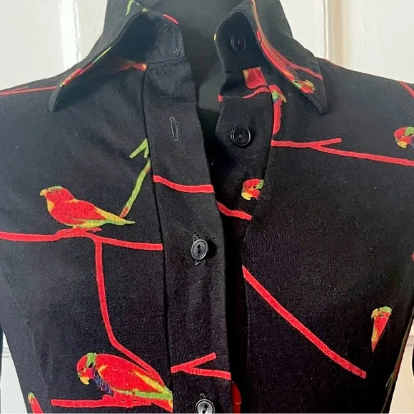 SOLD 70s Shirt Dress Bird Print Dagger Collar Sexy Dress Italy - Picture 3 of 7